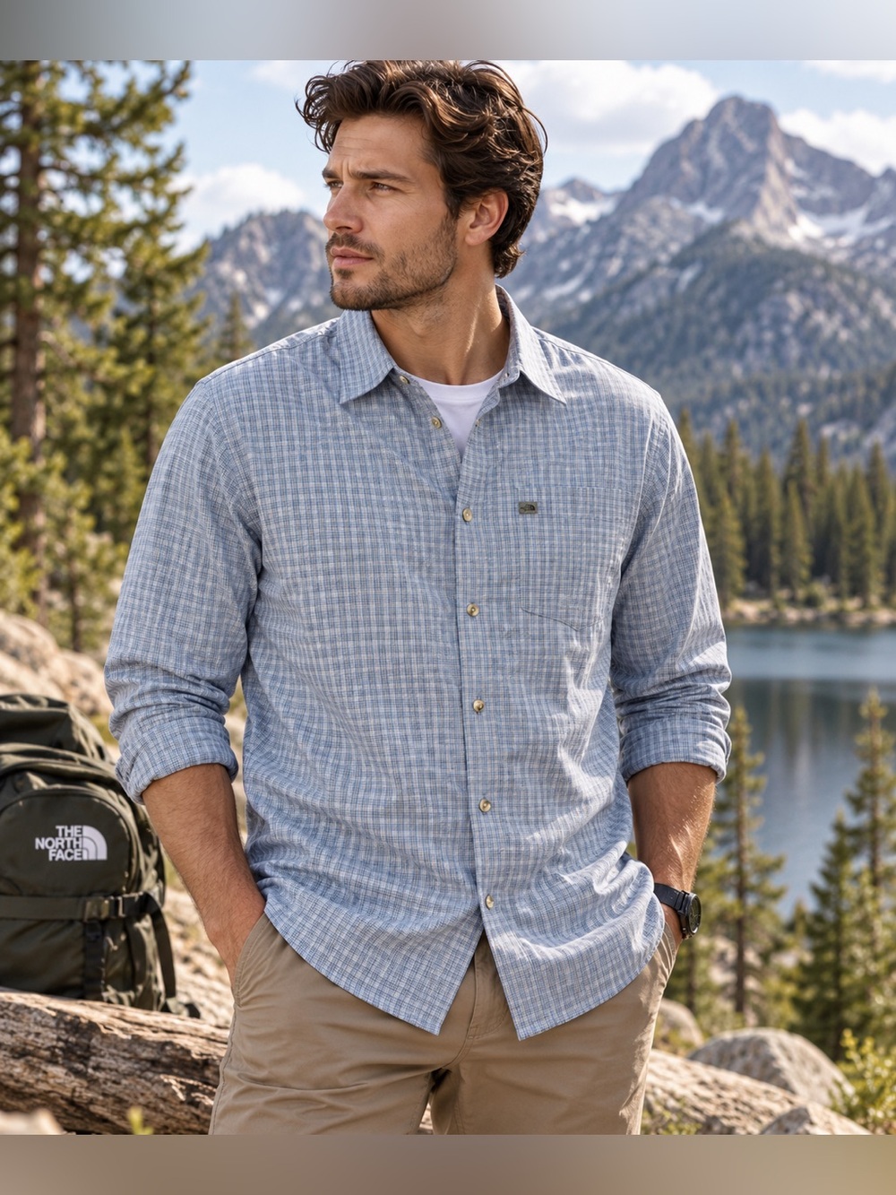 The North Face Men's Light Blue Plaid Cotton Button-Down Shirt